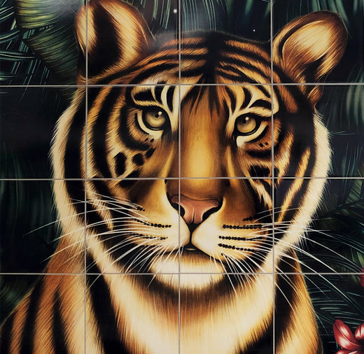 Charlotte Jade Tiger Territory ceramic tile mural, hand drawn and printed in the UK
